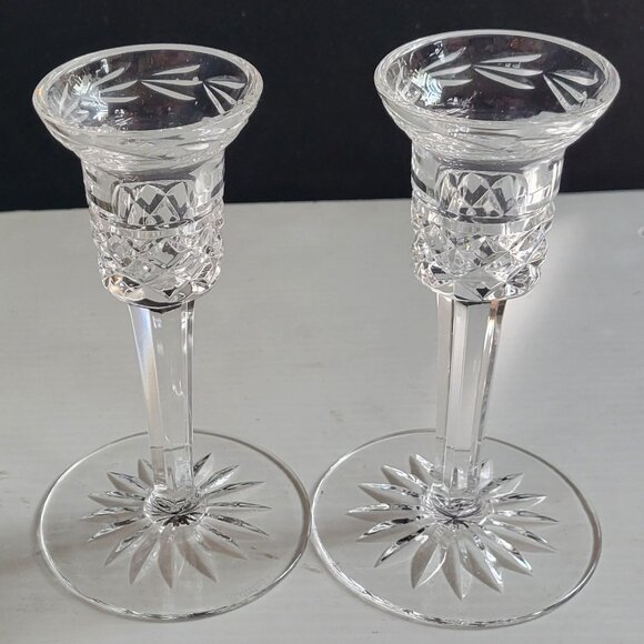 2 Waterford Crystal Glandore Candlestick Candle Holders 6" Tall Vtg Ireland Rare
